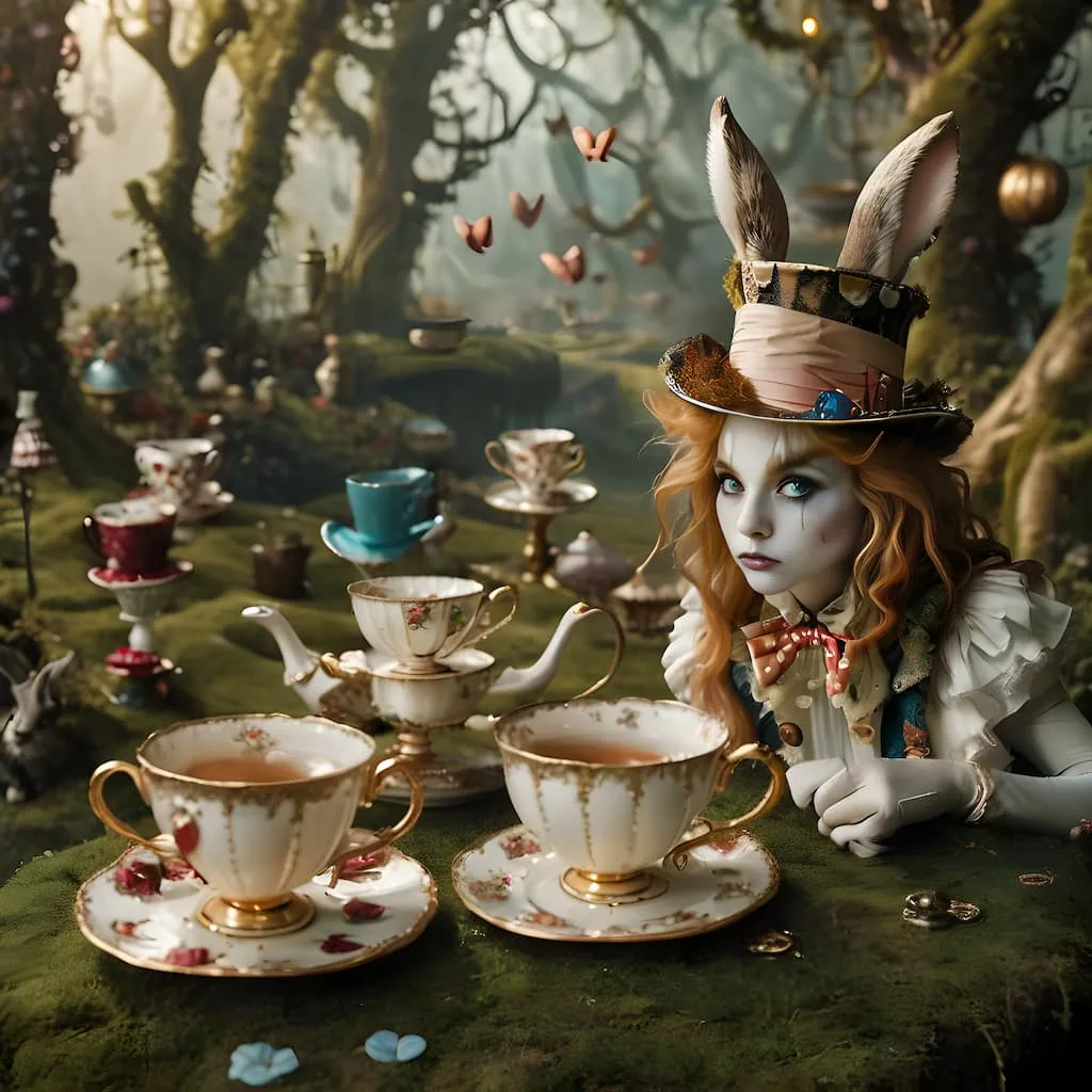 A person with rabbit ears and colorful makeup sits at a whimsical tea party in a forest, surrounded by floating teacups and teapots.