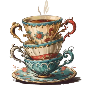 Three ornate teacups with floral designs stacked on a saucer, the top cup filled with steaming tea.