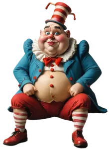 A colorful clown with a red and white striped hat, blue jacket, and red pants is crouching. The clown has a painted face and oversized red shoes.