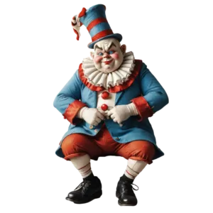 A clown in a blue and red outfit with a tall hat and ruffled collar, frowning while crouching.
