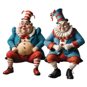 Two clowns in colorful outfits, with striped hats and red accessories, sit side by side, looking directly ahead against a plain background.