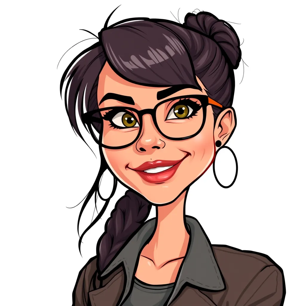 Cartoon illustration of a smiling woman with glasses, brown hair in a braid and buns, wearing a black jacket and hoop earrings, against a white background.