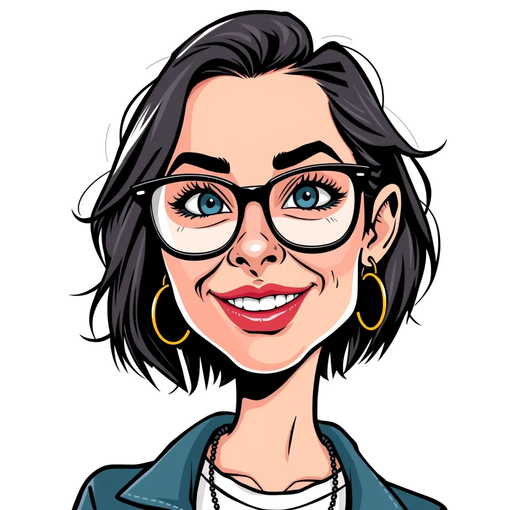Caricature of a person with short dark hair, large glasses, and hoop earrings, wearing a blue jacket and smiling.