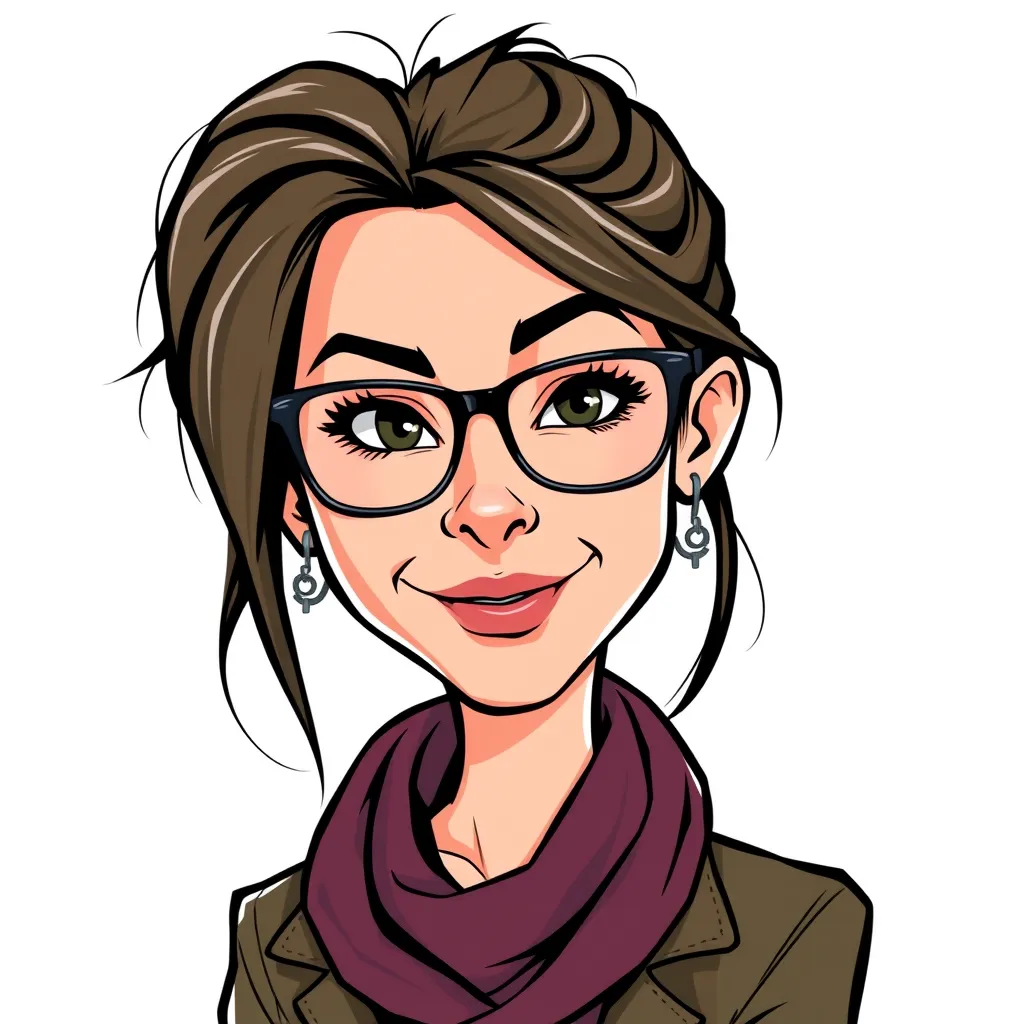 Cartoon illustration of a woman with brown hair, wearing glasses, earrings, and a scarf, smiling slightly with a confident expression.