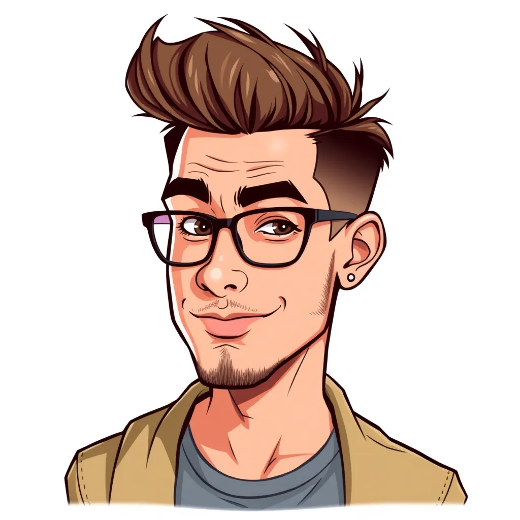 Cartoon illustration of a person with short, styled hair, glasses, facial hair, and an earring, wearing a jacket and a t-shirt, looking forward with a slight smile.