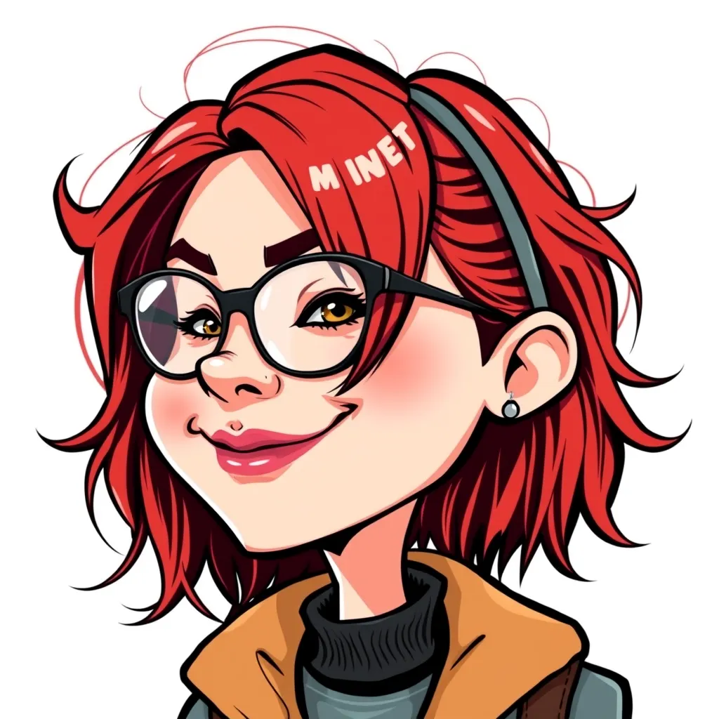 Illustration of a person with red hair, glasses, and a headband, wearing a jacket.