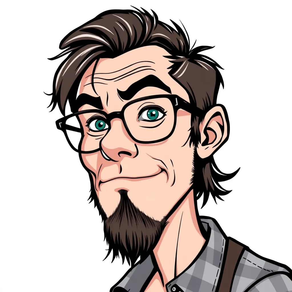 Cartoon of a man with glasses, green eyes, and a goatee, wearing a plaid shirt.