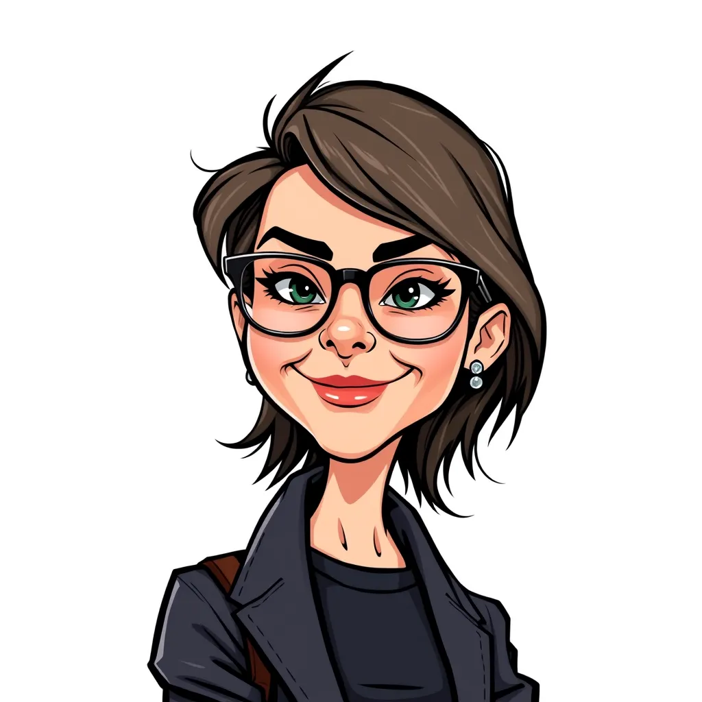 Cartoon illustration of a woman with glasses and short brown hair, wearing a dark jacket and earrings, smiling at the viewer.