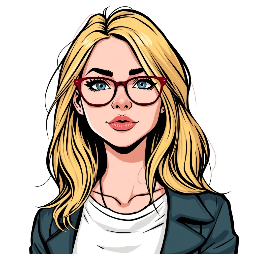Illustration of a woman with long blonde hair, wearing red glasses and a dark blazer over a white shirt, on a white background.