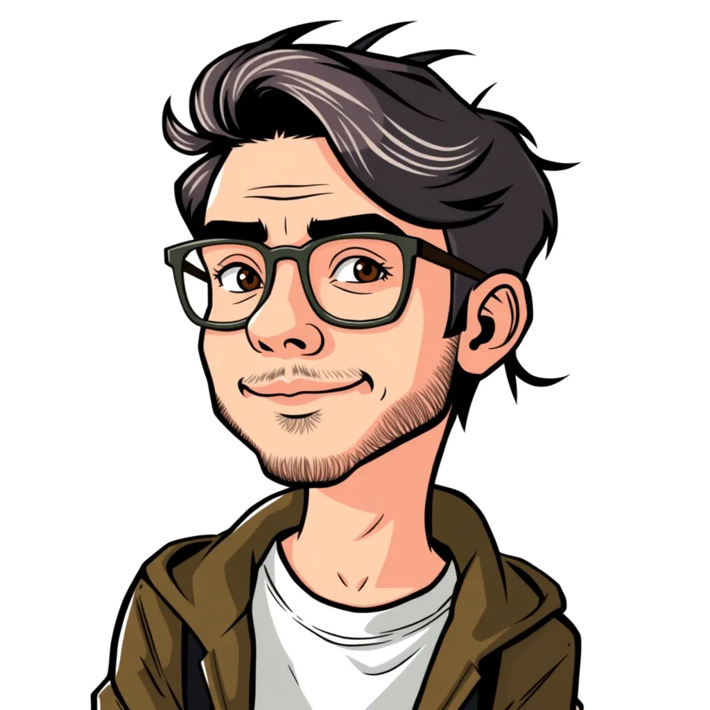 Cartoon man with glasses, dark hair, and a small beard, wearing a brown jacket and white shirt, smiling with a neutral expression.