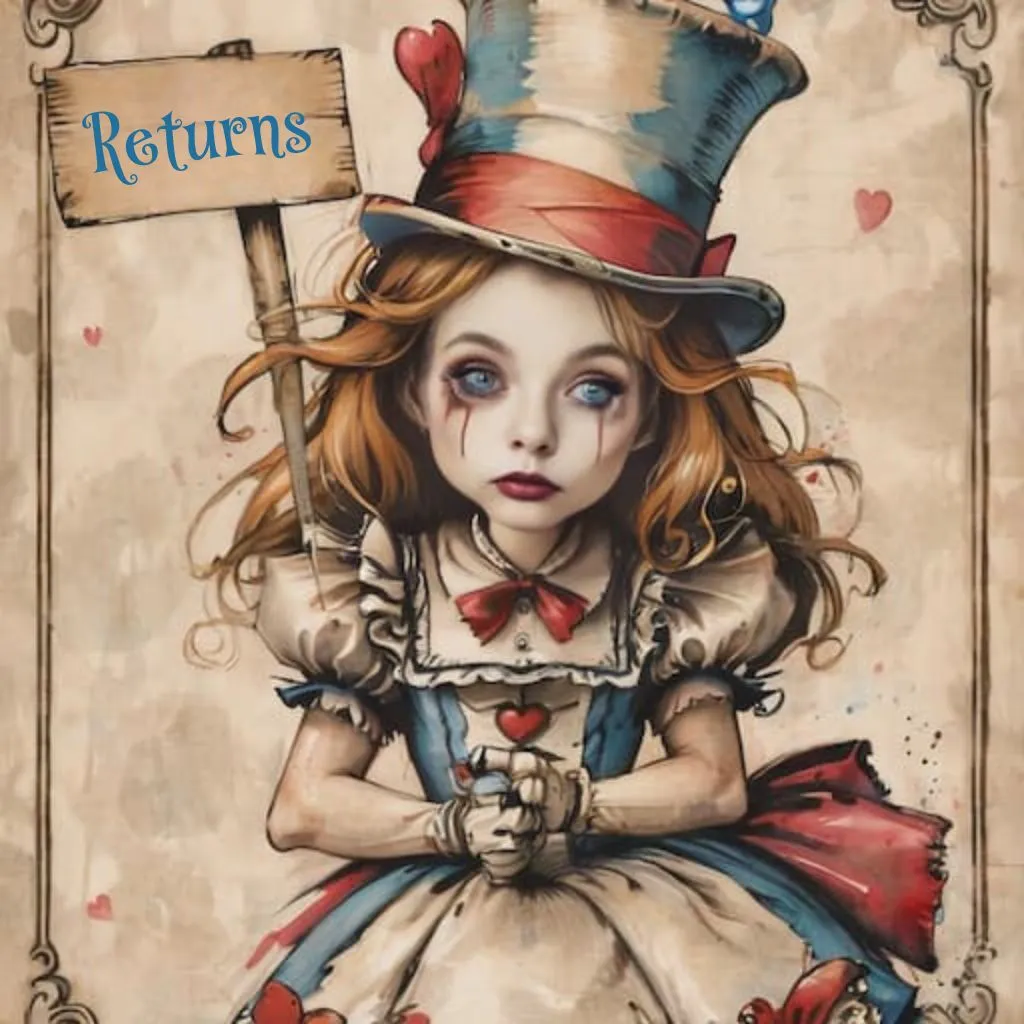 Illustration of a girl in a colorful top hat and dress, holding a sign that says