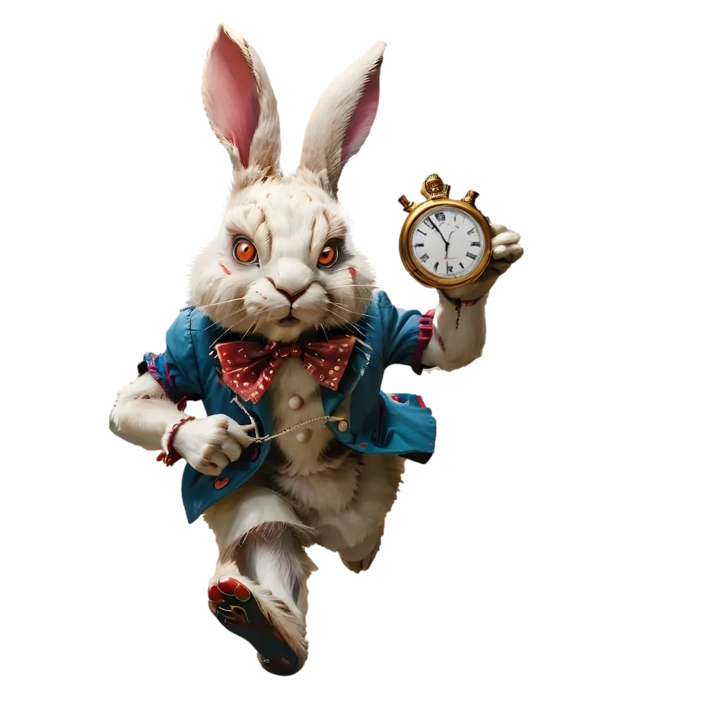 Anthropomorphic white rabbit in a blue coat holding a pocket watch, appearing to be running forward.