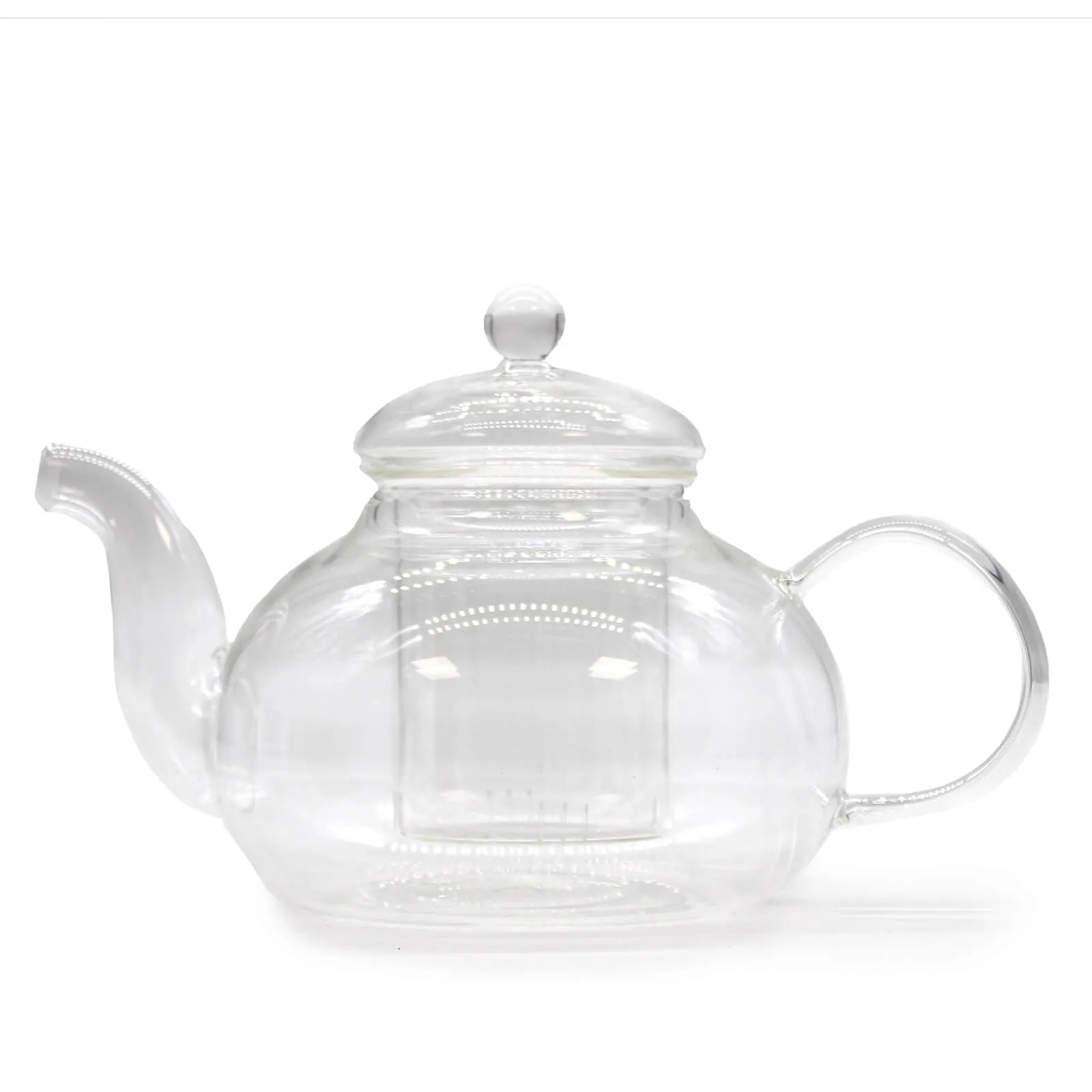 Clear glass teapot with a curved spout, round handle, and matching lid, shown on a white background.
