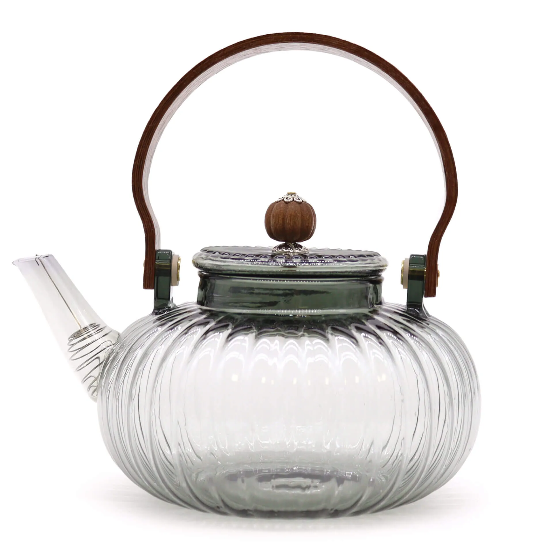 Clear glass teapot with a ribbed design, short spout, metal lid topped with a wood knob, and a curved wooden handle.