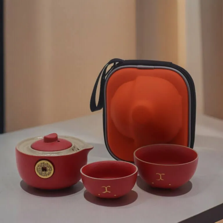A red and beige teapot with two matching cups is displayed next to a red and black zippered carrying case on a light-colored surface.