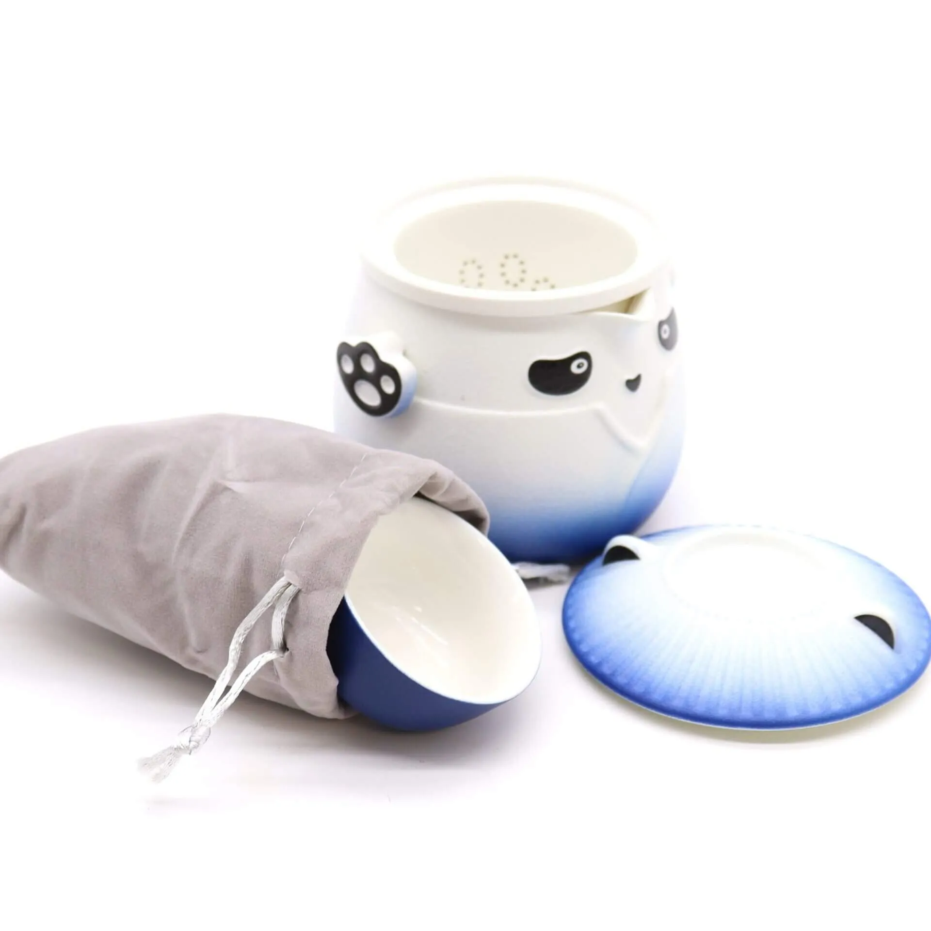 A ceramic tea cup set with a panda design, including a cup, a lid, a blue gradient saucer, and a gray drawstring pouch, displayed on a white background.