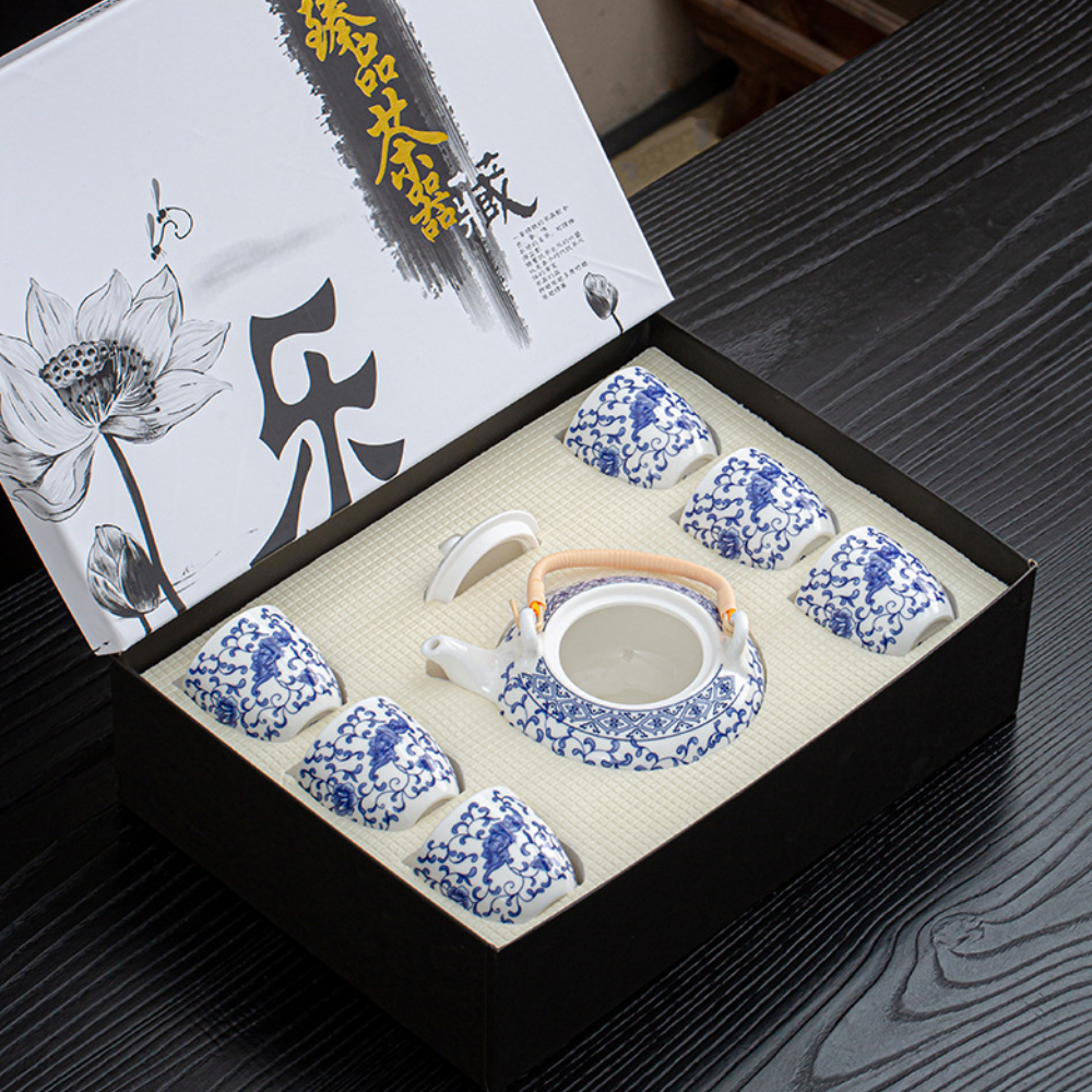 Classic Blue and White Porcelain Tea Set with Floral Scrollwork - Premium 7-Piece Gift Collection - Image 2