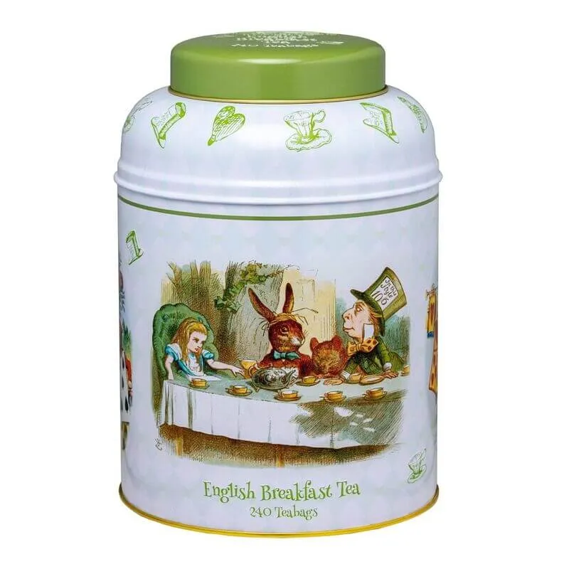 Alice In Wonderland - Classic 240 Teabag Tin with English Breakfast Tea showcases the whimsical Mad Hatter's tea party scene.