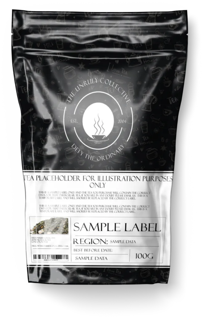 Explore our Almond Cherry Rooibos Tea packaging with decorative icons and sections for region, best before date, and weight (100g). Enjoy a unique twist with a hint of cherry flavor.