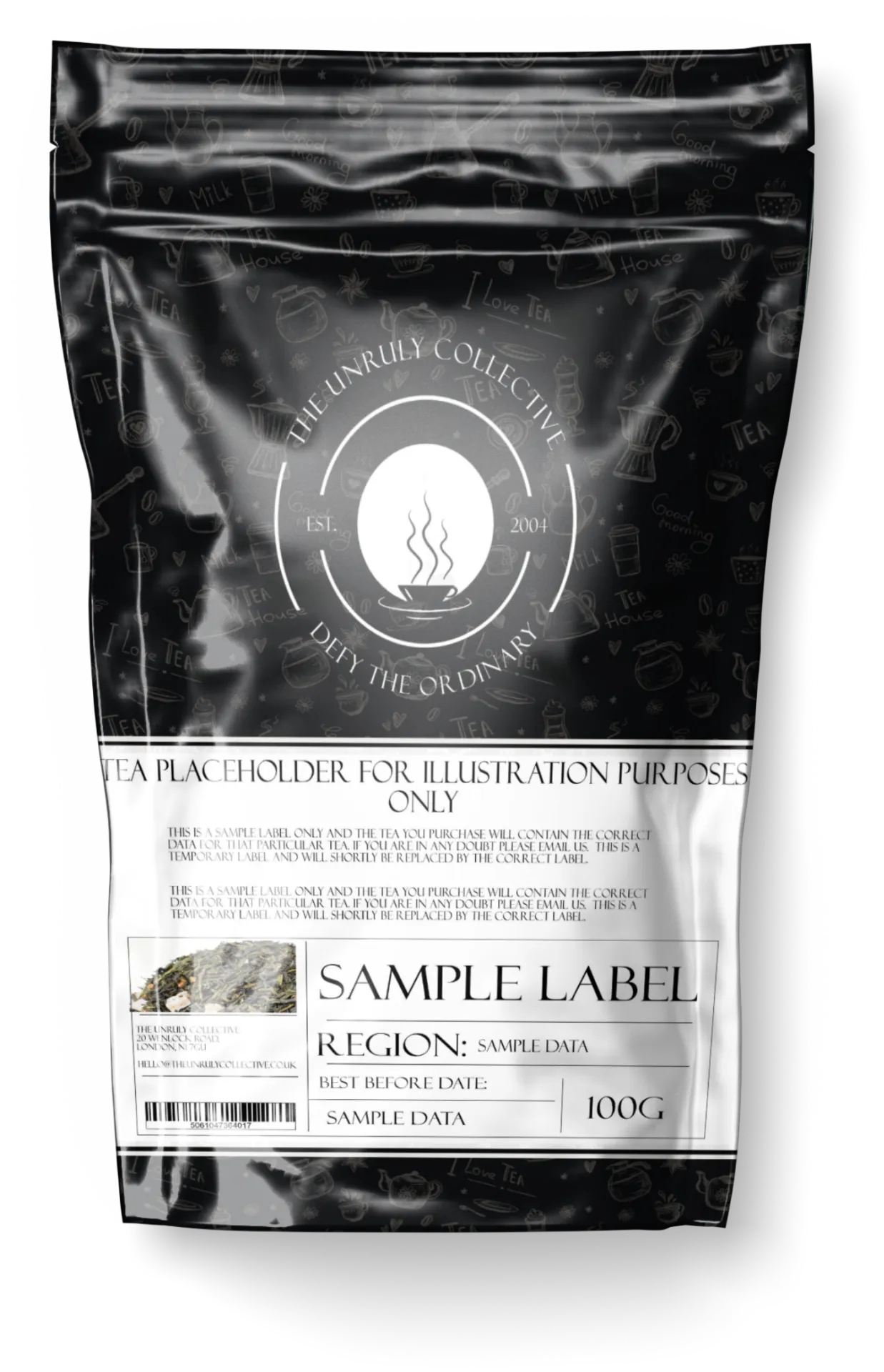 Explore our Almond Cherry Rooibos Tea packaging with decorative icons and sections for region, best before date, and weight (100g). Enjoy a unique twist with a hint of cherry flavor.