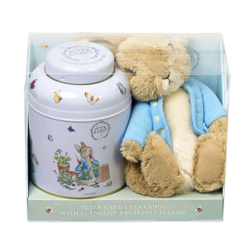 A charming Beatrix Potter tea caddy holding 80 English Breakfast teabags comes with a Peter Rabbit soft toy, packaged clearly.