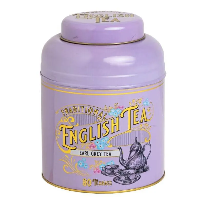 A vintage Victorian-style lilac tin titled 