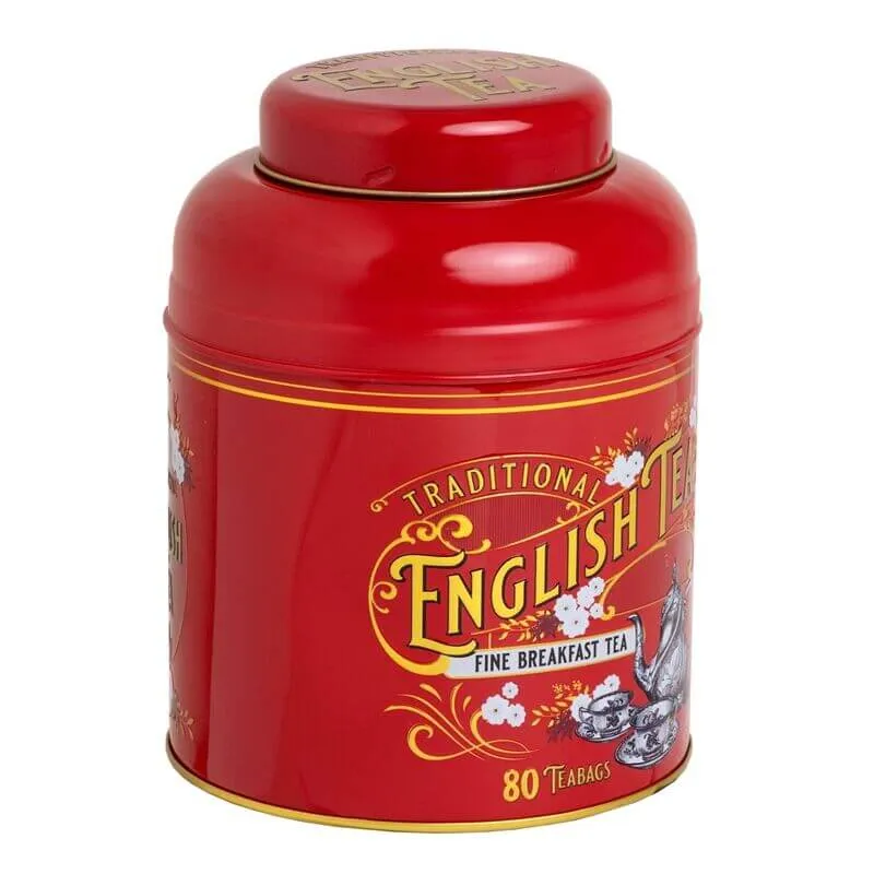 This Vintage Victorian red tin, decorated with a floral design, contains 80 teabags of English Breakfast Tea.