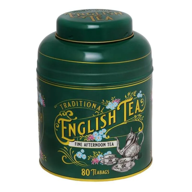 The Vintage Victorian green tin includes 80 teabags, labeled 