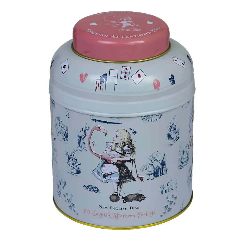 The Alice In Wonderland - Traditional (Pink) 80 Teabag Tin of English Breakfast Tea is adorned with whimsical Wonderland and playing card designs, featuring a pink lid and white body, perfect for enjoying the fantasy of Wonderland with every sip.