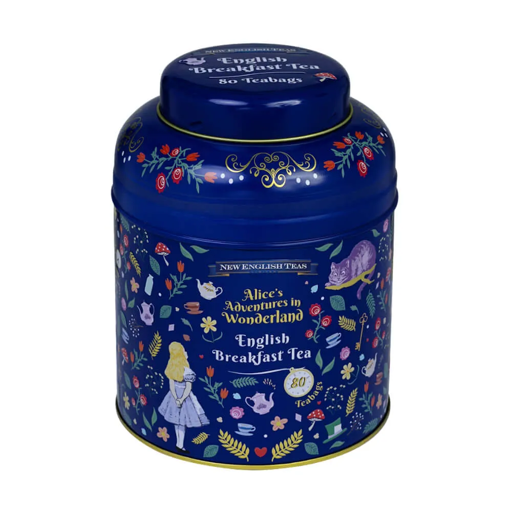Alice In Wonderland-themed English Breakfast Tea comes in a whimsical blue tin titled 