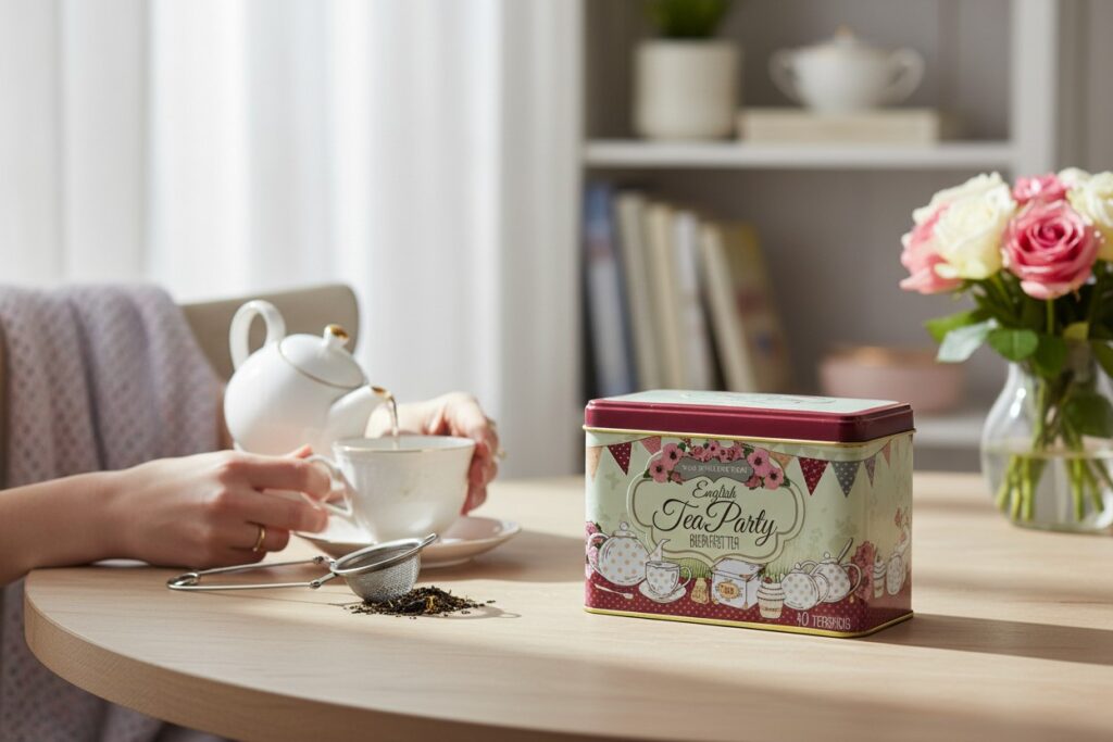 A person pours tea into a cup at a table with a tin labeled “English Tea Party,” a tea strainer, loose tea leaves, and a vase of pink and white roses.