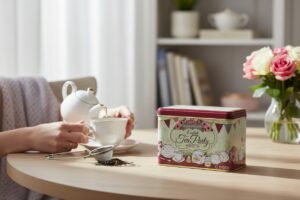A person pours tea into a cup at a table with a tin labeled “English Tea Party,” a tea strainer, loose tea leaves, and a vase of pink and white roses.