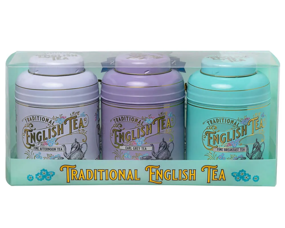 The Vintage Victorian - 80 Teabag Tin Triple Pack (MD03/MD04/MD05) includes charming tins of Afternoon Tea, Earl Grey Tea, and English Breakfast Tea. Each tin features classic Victorian floral and bird designs and is elegantly encased in clear packaging.