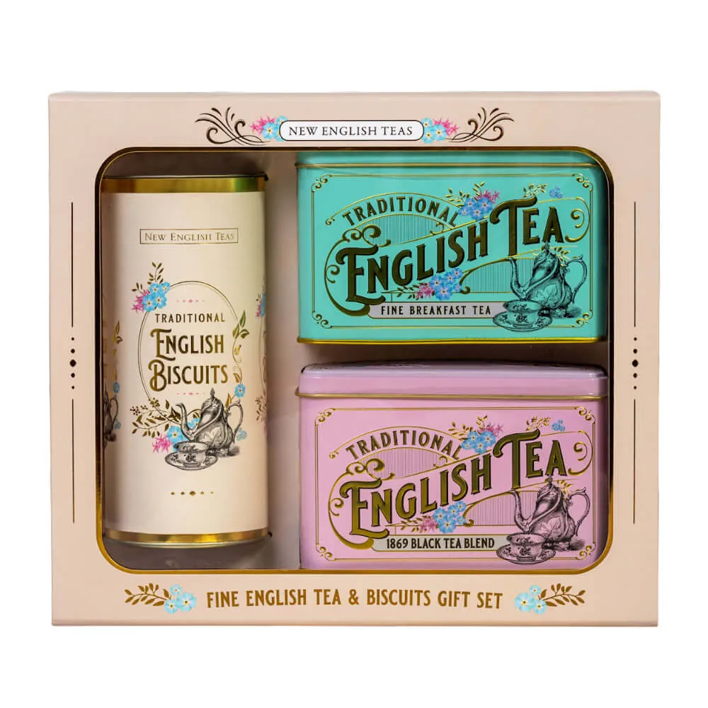 The Vintage Victorian - Tea & Biscuit Gift Set includes a tin of traditional biscuits and two tins of fine English breakfast and black tea blend, all elegantly presented in charming vintage-style packaging.